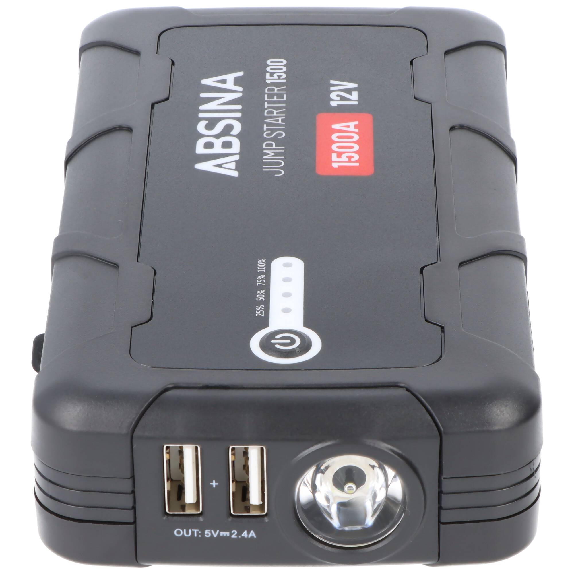 Absina Jumpstarter 1500, KFZ-Starthilfe-Powerakku mit Powerbank-Funktion und LED-Licht, ideal für PKW, Motorrad, Boot