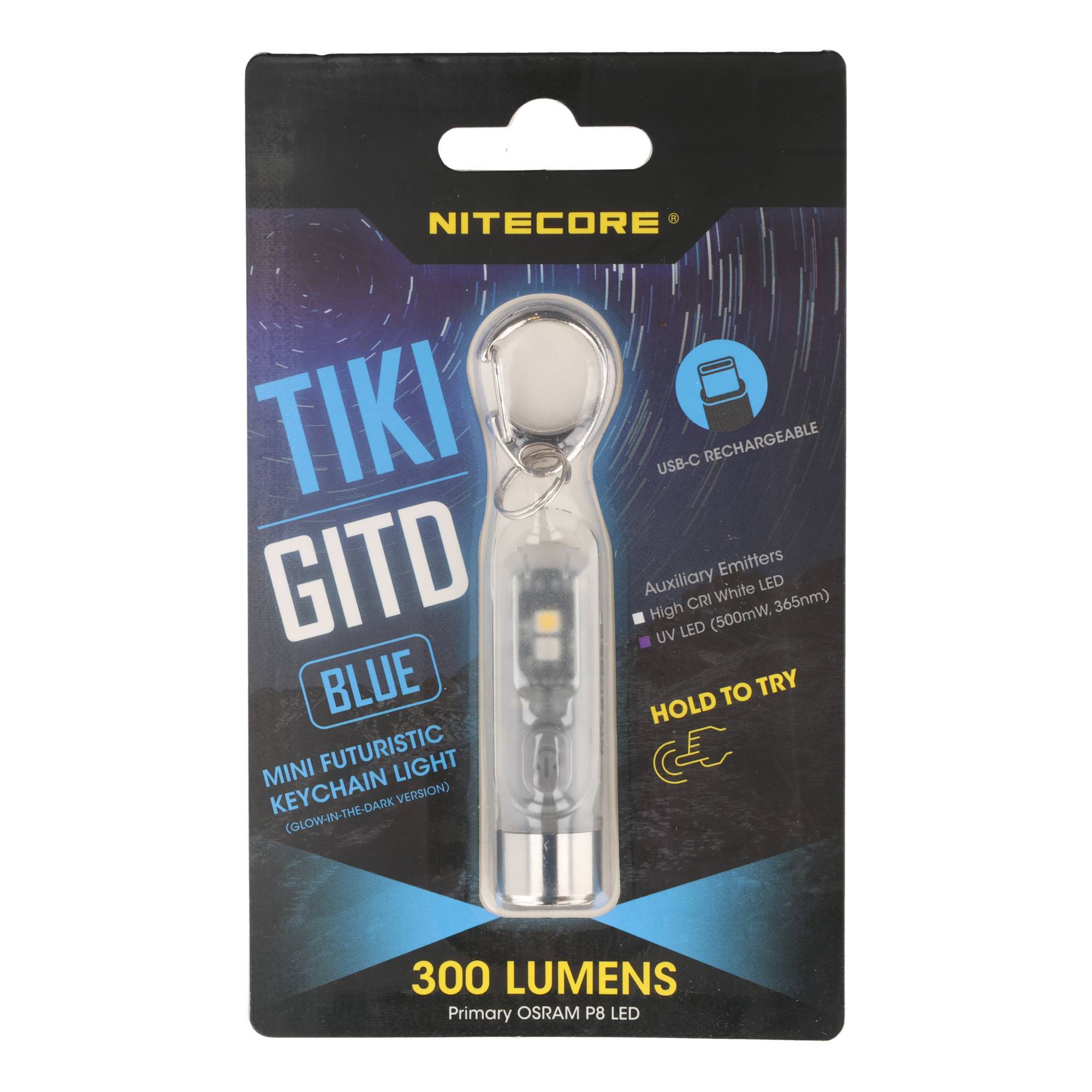 Nitecore TIKI GITD, Glow in the dark, mit UV LED, Schlüsselbundleuchte, wiederaufladbare Schlüsselanhängerlampe, blau