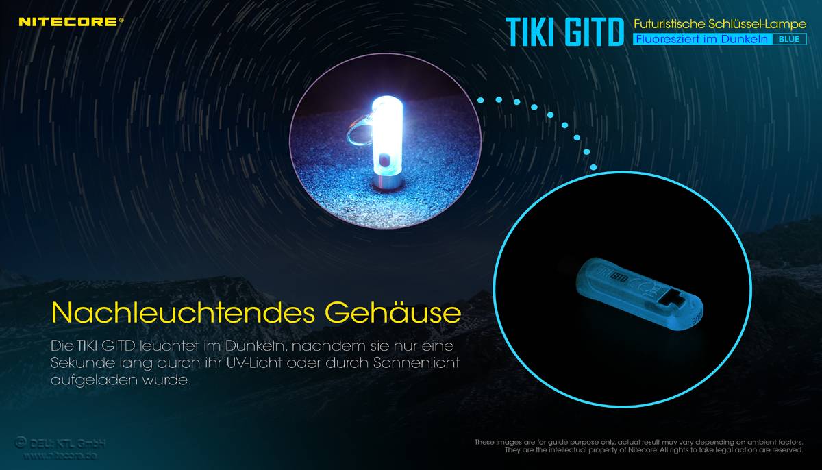 Nitecore TIKI GITD, Glow in the dark, mit UV LED, Schlüsselbundleuchte, wiederaufladbare Schlüsselanhängerlampe, blau