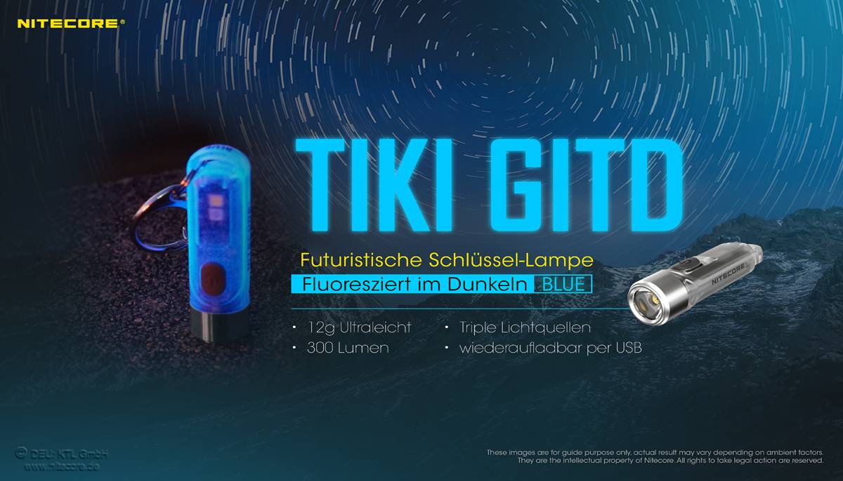 Nitecore TIKI GITD, Glow in the dark, mit UV LED, Schlüsselbundleuchte, wiederaufladbare Schlüsselanhängerlampe, blau