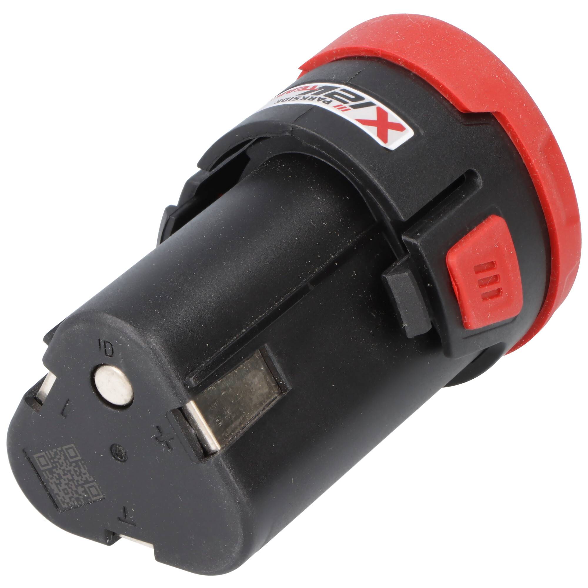 Eine schwarze und rote Elektrowerkzeugbatterie mit kompaktem Design und Sicherheitsclips, Teil eines wiederaufladbaren Systems.