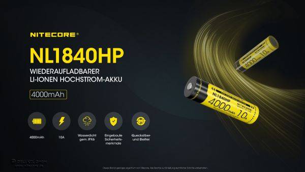 Nitecore 18650 Li-Ion Akku, NL1840HP, 4000mAh, mit Schutzschaltung