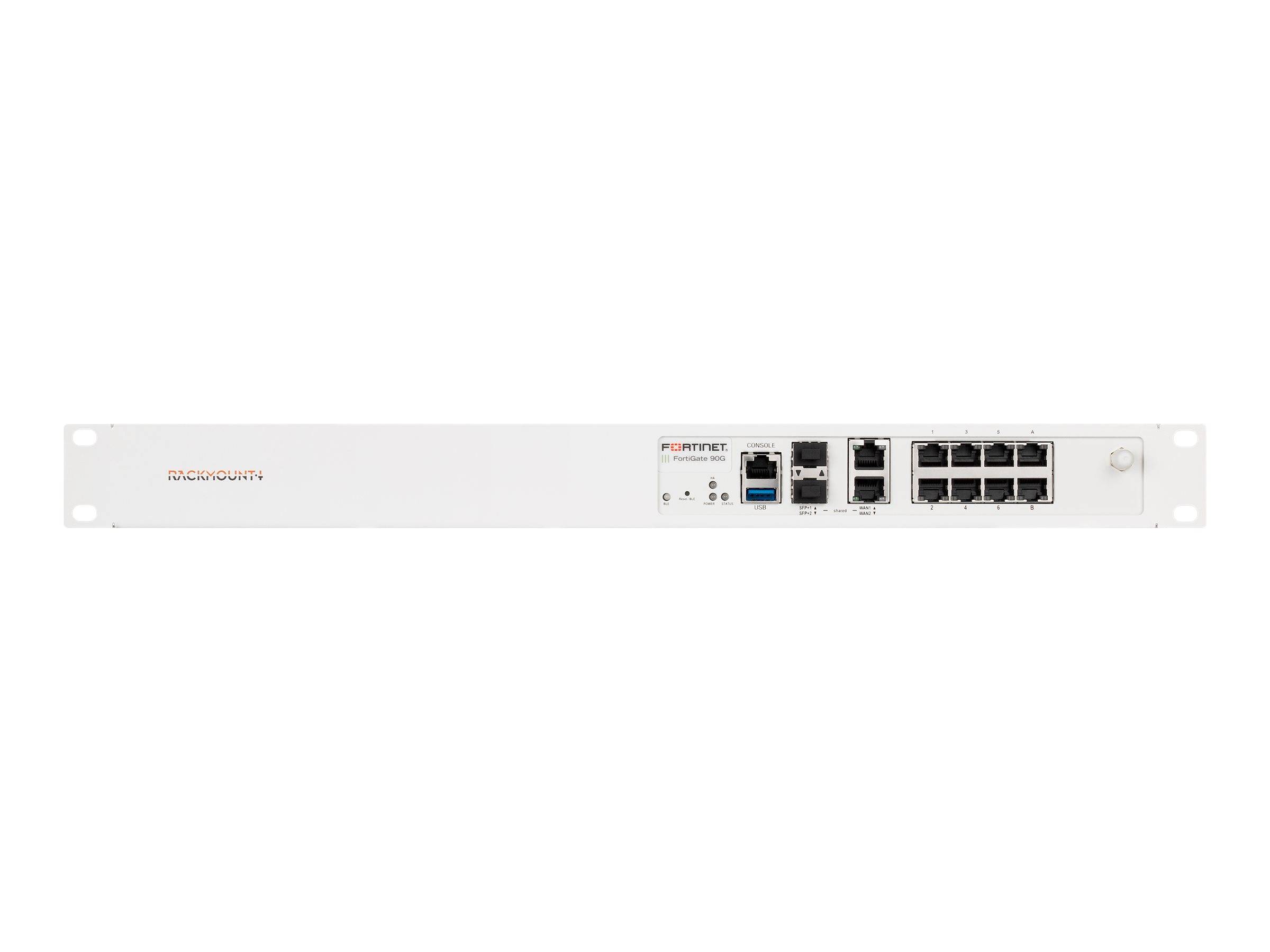 Frontansicht eines Fortinet Rack-montierten Netzwerkgeräts mit mehreren Ethernet-Anschlüssen und Statusanzeigen auf weißem Hintergrund.