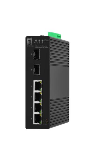 Industrieller Ethernet-Switch mit 8 Ports, mit PoE-Technologie ausgestattet, konzipiert für raue Umgebungsbedingungen. Schwarz mit grünem Anschluss.