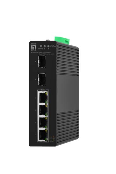 Industrieller Ethernet-Switch mit mehreren Ports, entwickelt für Netzwerkanwendungen. Mit PoE-Indikatoren zur Stromversorgung gekennzeichnet.