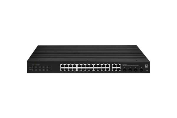 Ein schwarzer Netzwerk-Switch mit 24 Ethernet-Ports und 4 SFP-Ports, geeignet für Unternehmensnetzwerke, verwendet zum Verbinden von Geräten mit einem Netzwerk.