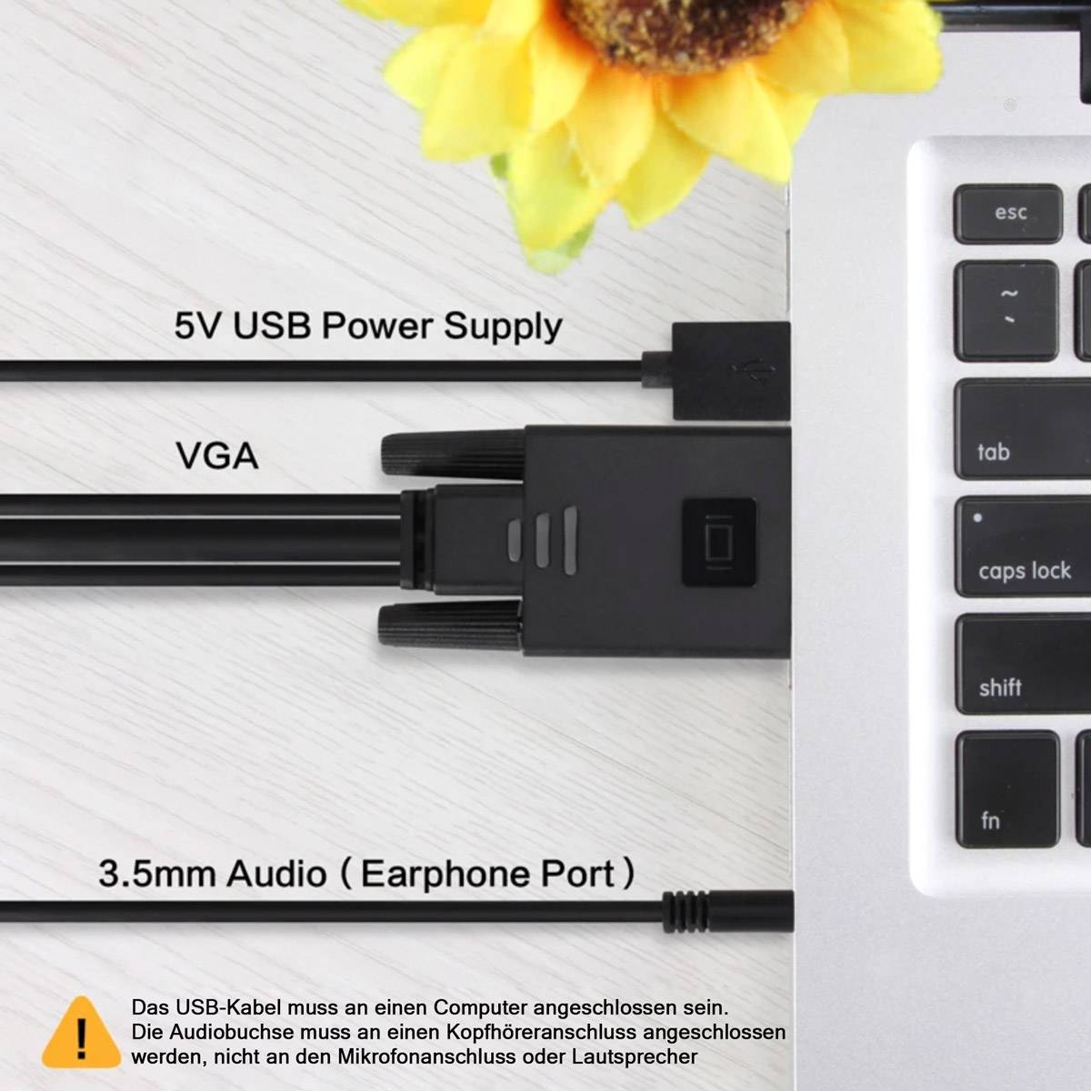 VGA auf HDMI Kabel/VGA Stecker > HDMI Stecker Konverter für Laptop, PC mit VGA Ausgang zu Monitor, Beamer, TV mit HDMI Eingang HD 1080P, 3m