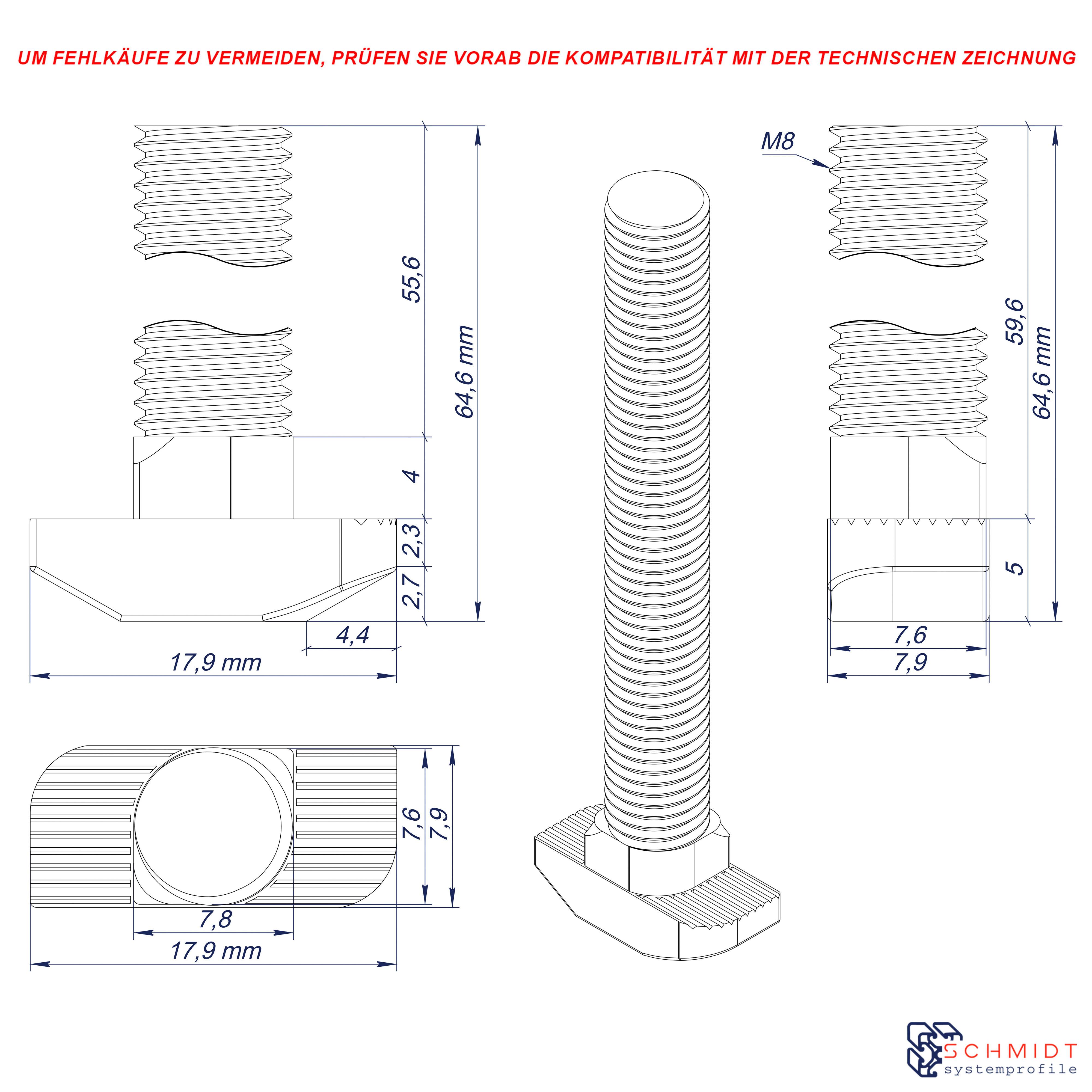 SCHMIDT systemprofile 50x Hammerschraube M8 60mm Nut 8 T-Schraube mit Steg M8x60 Befestigungsmaterial Aluprofil-Zubehör