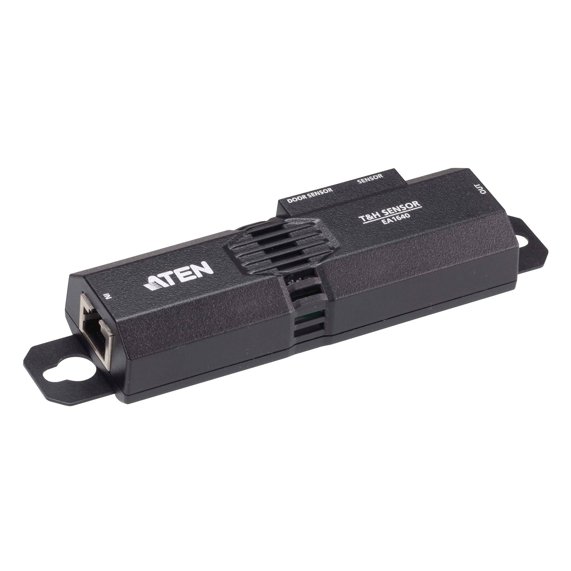 Schwarzes ATEN TAA Sensormodul mit RJ45-Anschluss und Befestigungslaschen, gekennzeichnet für Tür-/Fenster- und Manipulationserkennung.