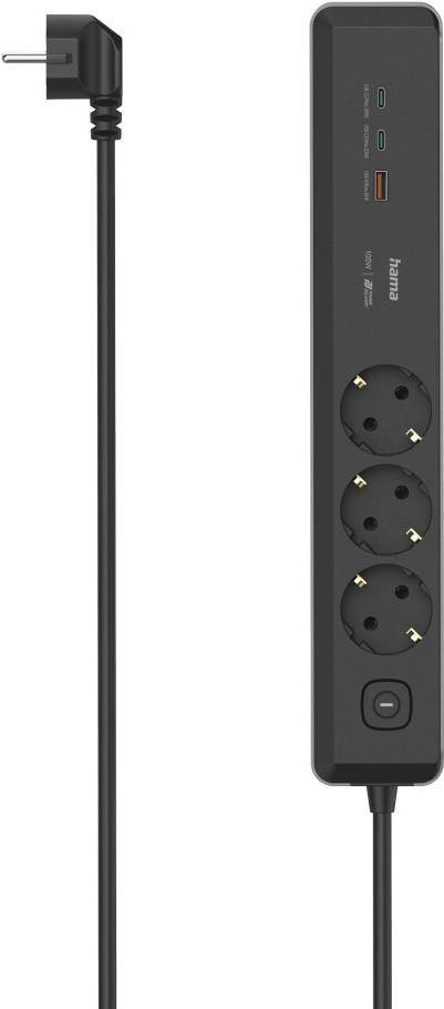 Schwarze Steckdosenleiste mit drei runden Anschlüssen, zwei USB-Anschlüssen und einem Ein-/Ausschalter, dargestellt mit Winkelstecker und Kabel.