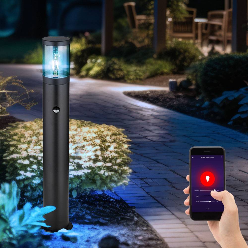 Wegeleuchte mit Bewegungsmelder Aussenleuchten Garten Stehlampe mit Sensor, Edelstahl schwarz rauch, App Steuerung CCT, Smart RGB LED 8,5W 806Lm