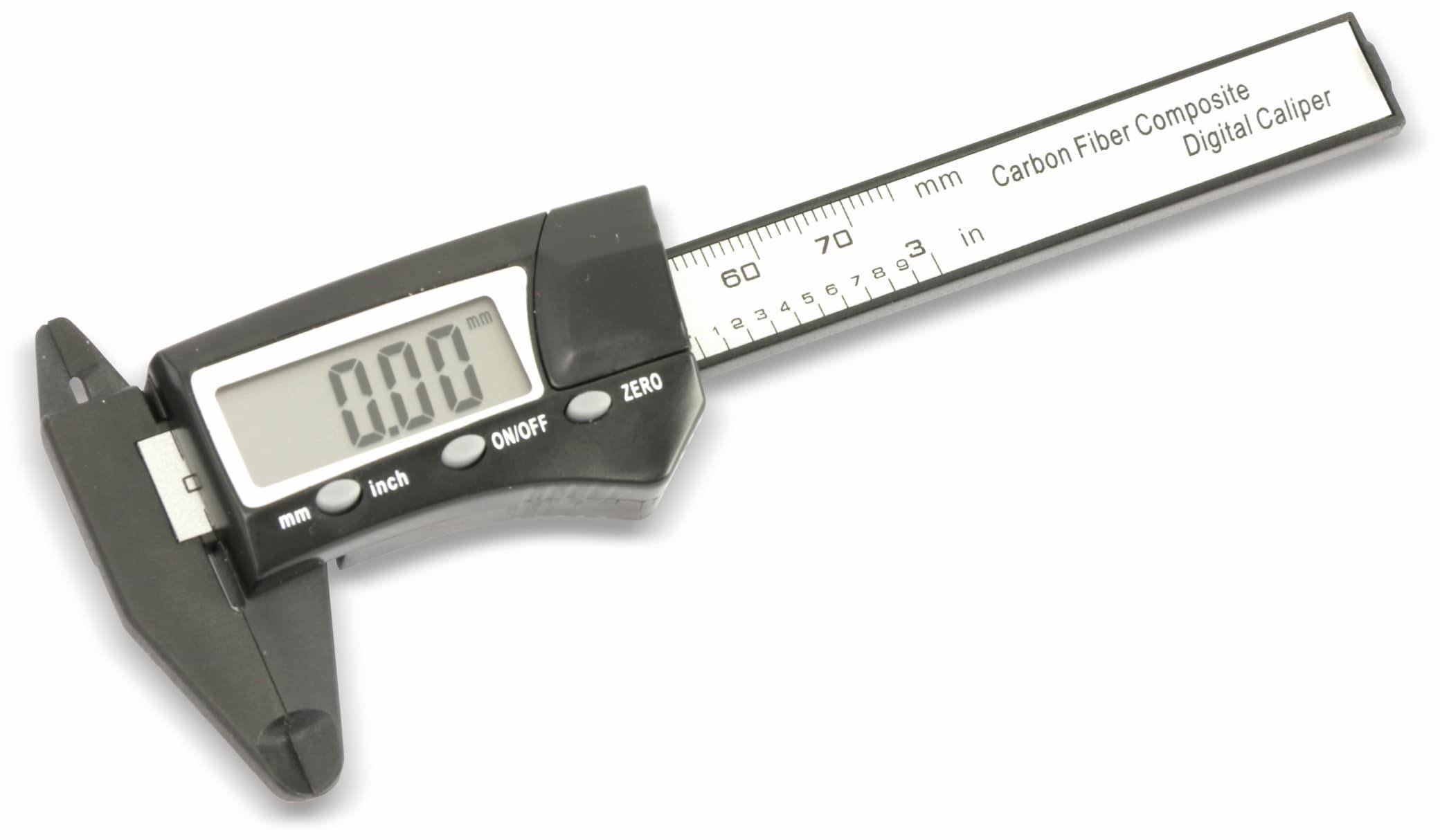 Eine digitale Schieblehre zeigt auf dem Bildschirm „0,00 mm