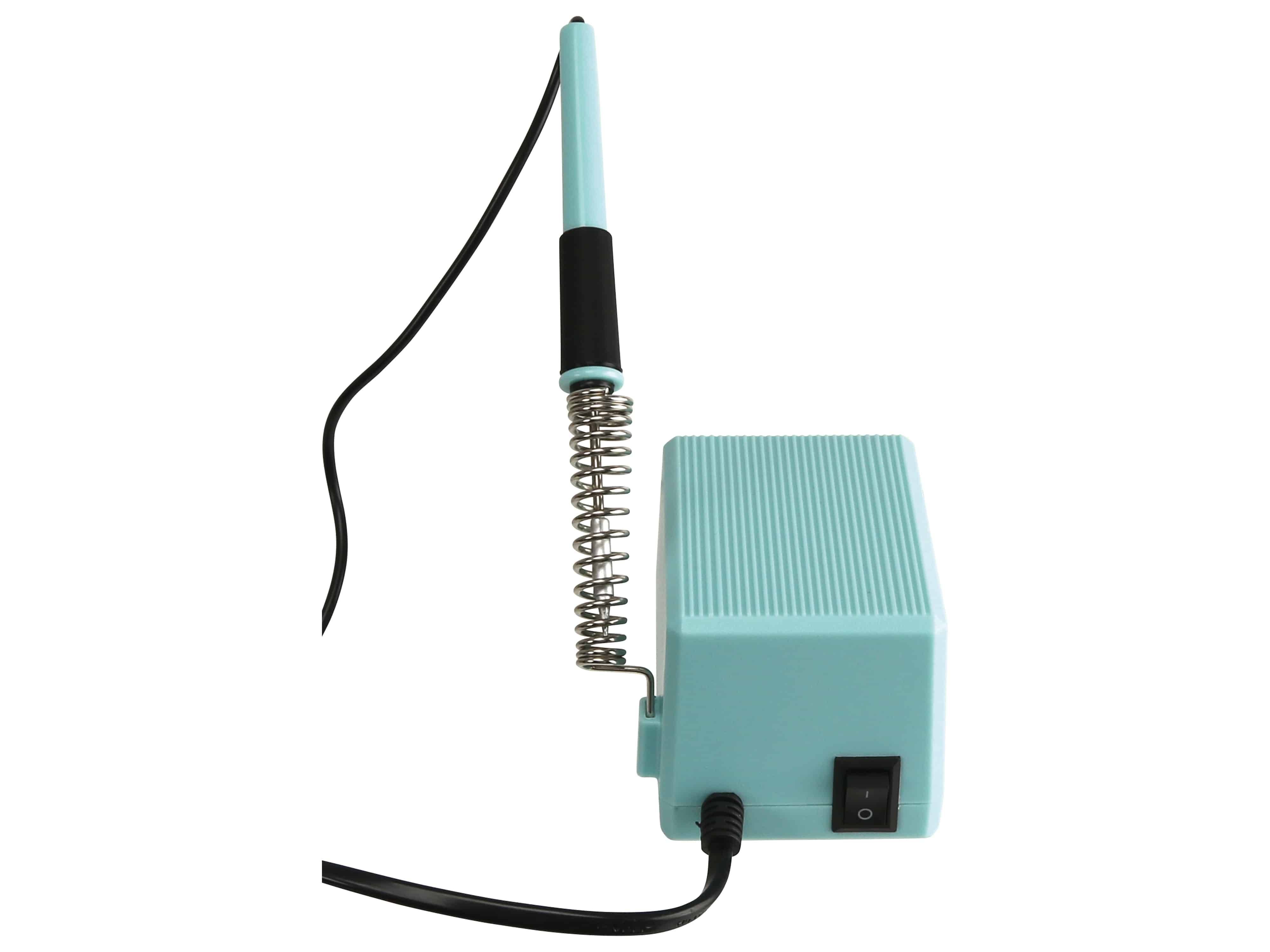 Ein blauer Lötkolben mit Kabel, Metallspulenhälter und einem Schalter an der Basis, entwickelt für Elektronik-Reparatur- und Montageaufgaben.