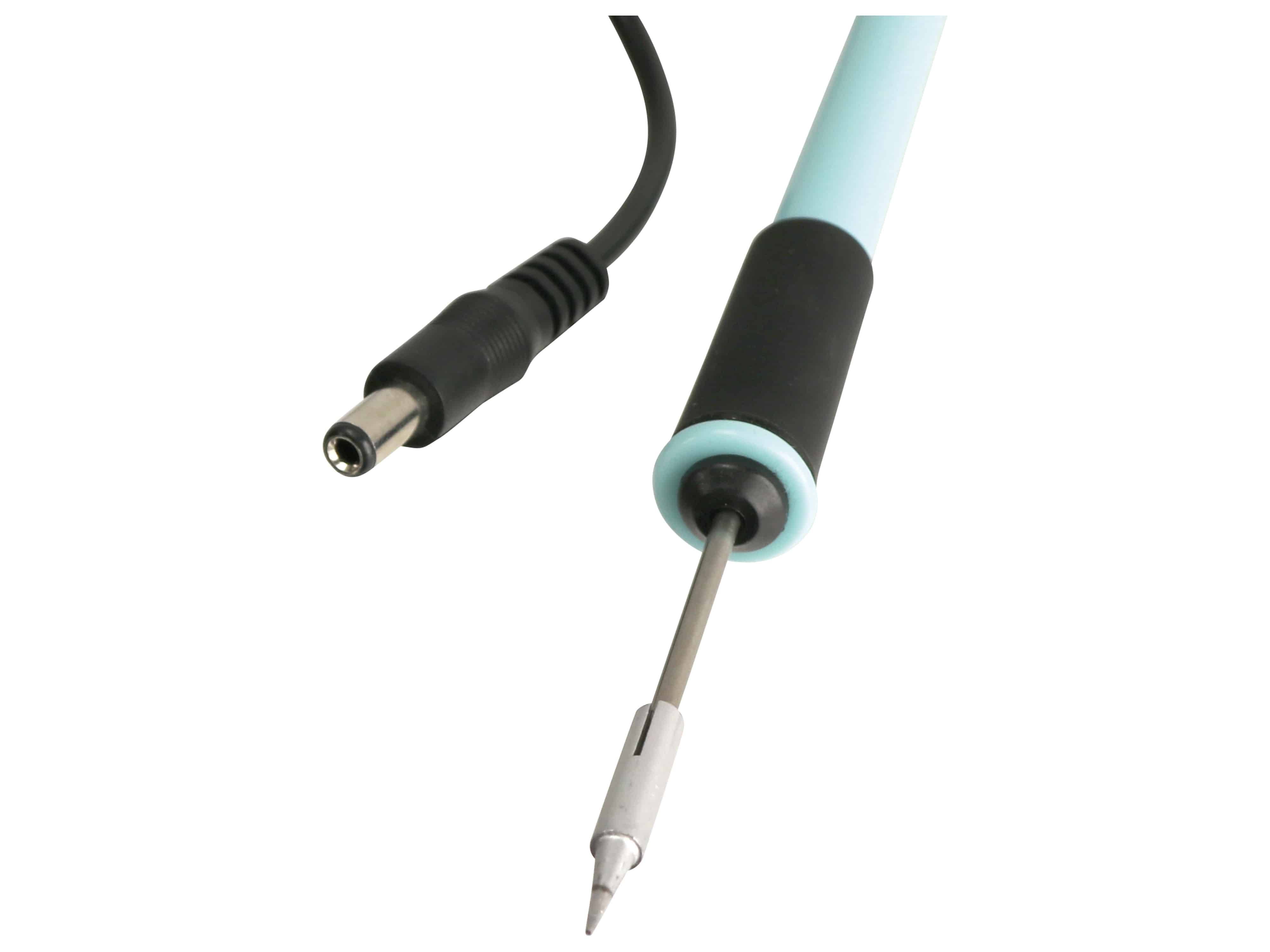 Lötkolben mit schwarzem Griff und Metallspitze, verbunden mit einem schwarzen Stromkabel mit Stecker.