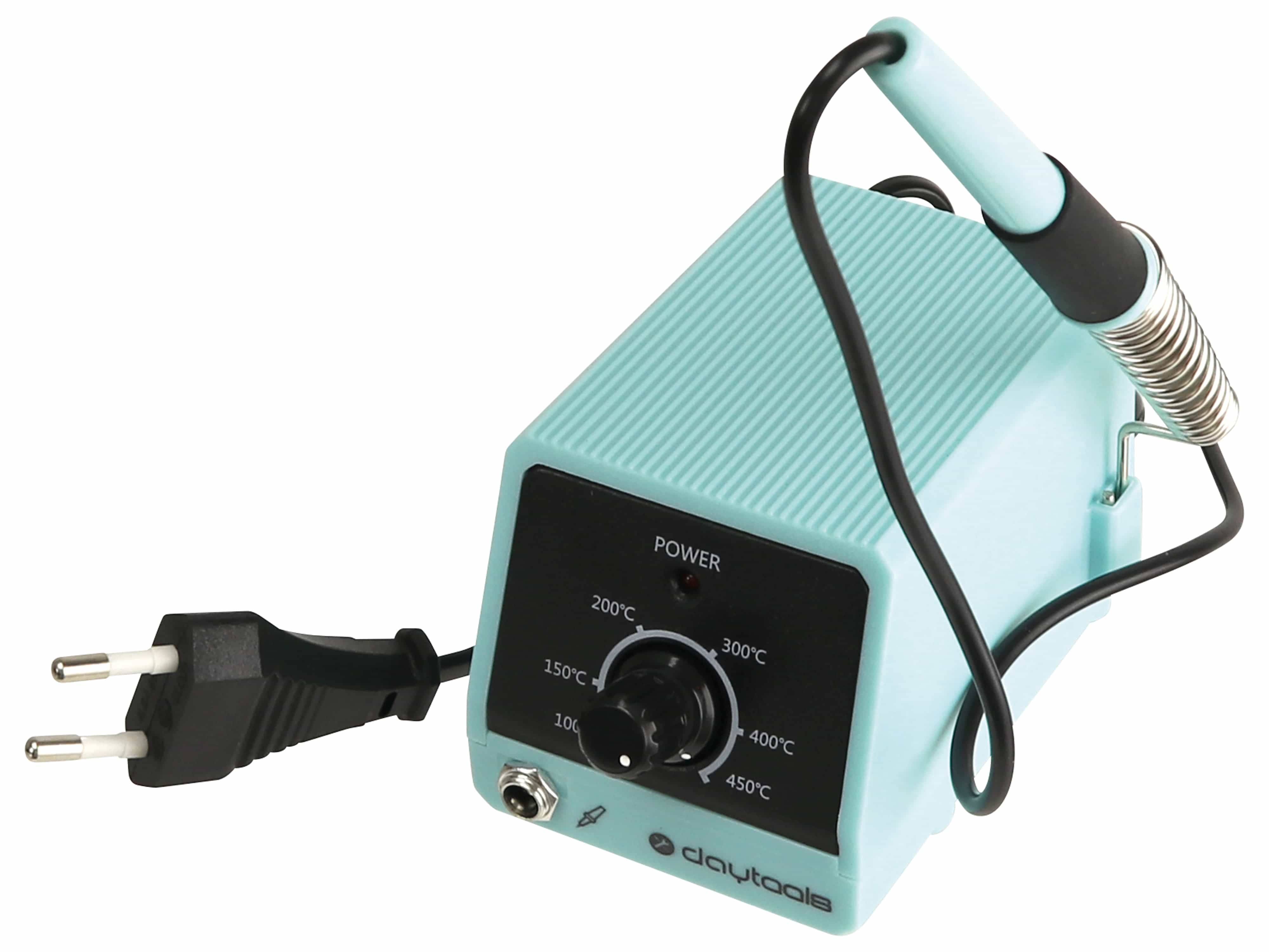 Lötkolben mit Temperaturregelknopf, der Optionen für 200°C, 300°C, 400°C und 450°C zeigt; mit Stromkabel verbunden.
