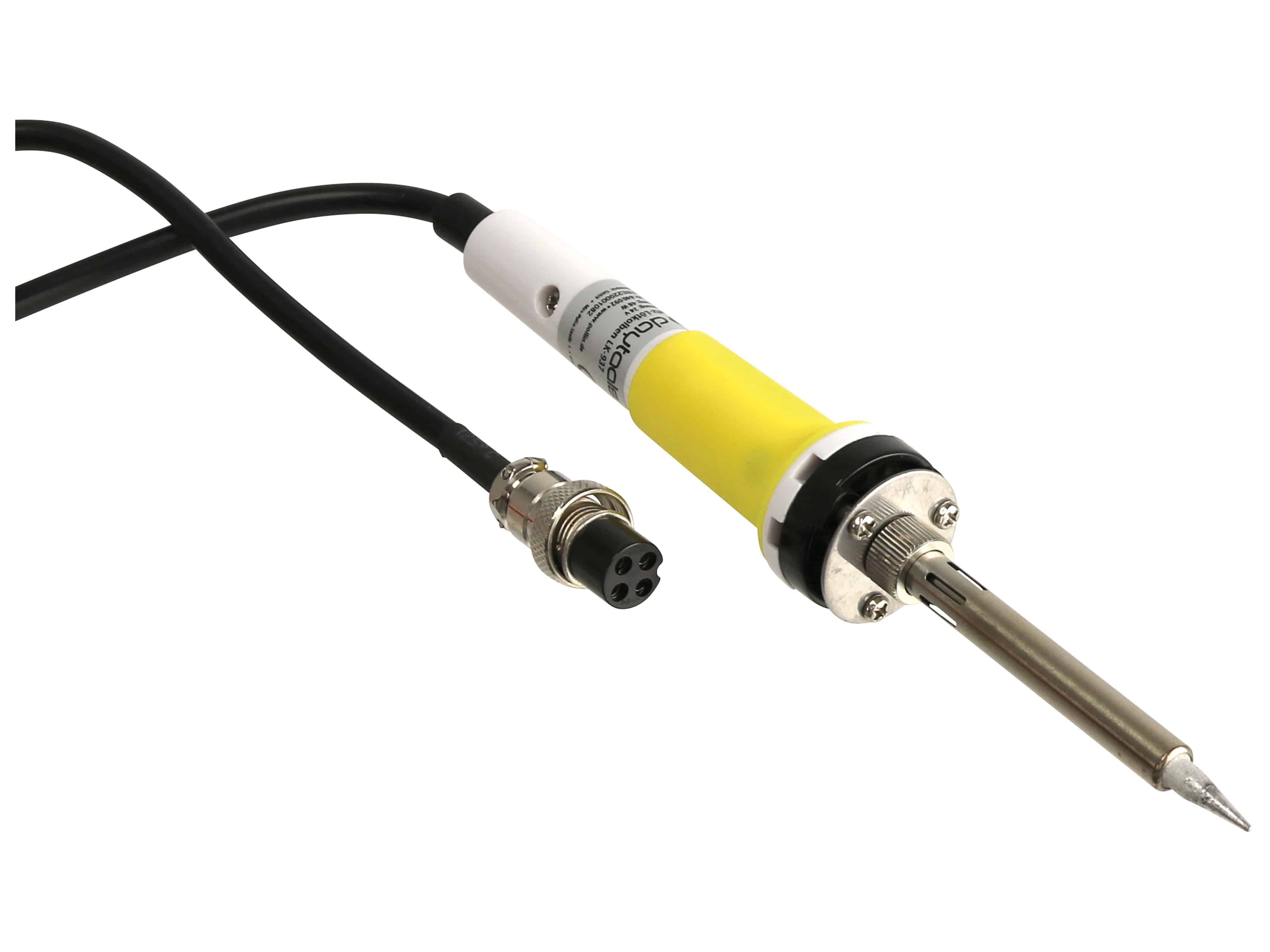 Ein Lötkolben mit gelbem Griff, angebracht an einem schwarzen Stromkabel mit einem vierpoligen Stecker am Ende.