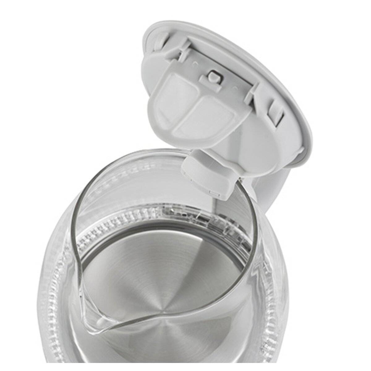 Elektrischer Wasserkocher mit offenim Deckel, der das innere Metallgestell und die Wasserfüllstandmarkierungen auf der Glasaußenseite zeigt.