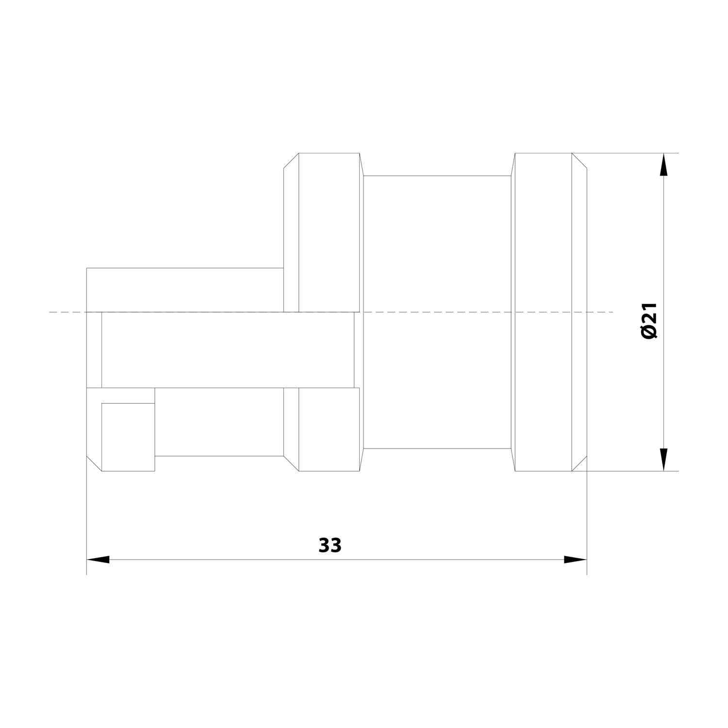 Eine technische Zeichnung einer zylindrischen mechanischen Komponente, mit Seiten- und Aufsichtsansicht und Abmessungen: Durchmesser 21, Länge 33.