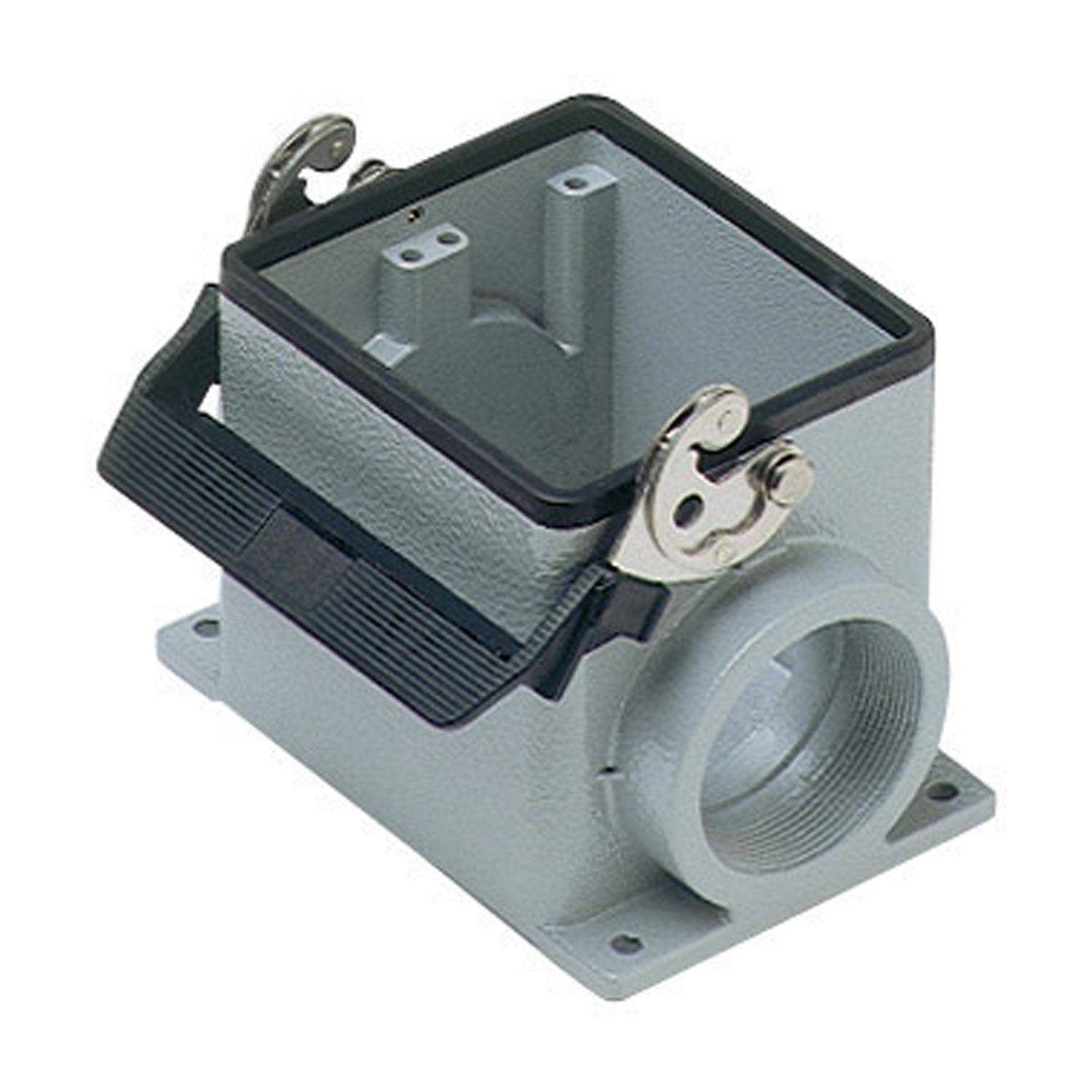 Eine graue Industrieverteilerdose mit einem Deckel mit Scharnier oben und einer kreisförmigen Öffnung an der Seite für den Kabeleingang.