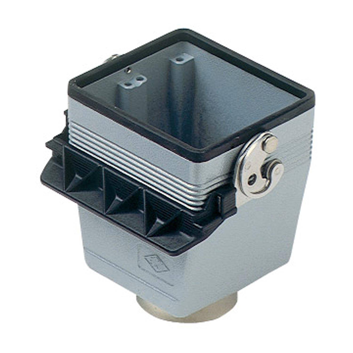 Ein metallischer quadratischer Steckverbinder mit einem Scharniersperrvorrichtung und schwarzem gerilltem Griff an den Seiten.