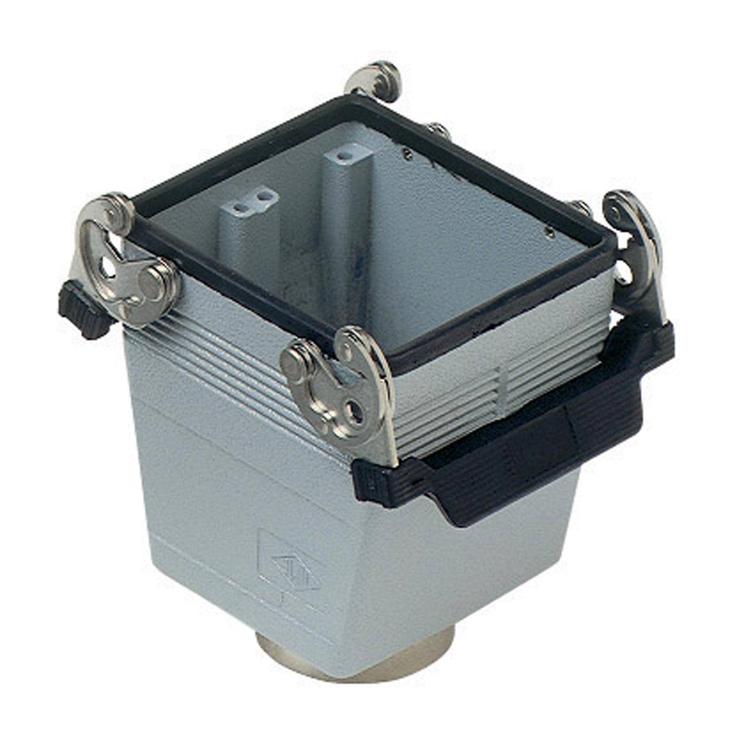 Ein rechteckiges graues Industrieelektrostecker-Gehäuse mit Verriegelungsmechanismus auf beiden Seiten, konzipiert für sichere Kabelverbindungen.