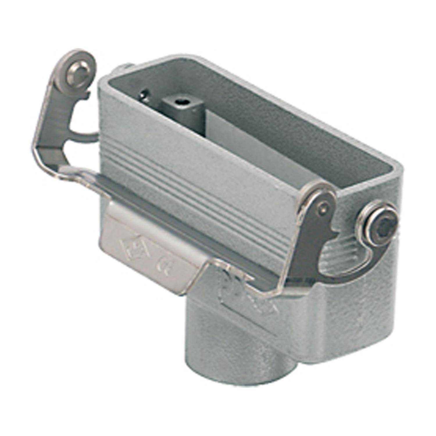 Eine metallische Industriekomponente mit rechteckigem Hohlraum in der Mitte und seitlichen Halterungen, wahrscheinlich für mechanische oder elektrische Zwecke verwendet.