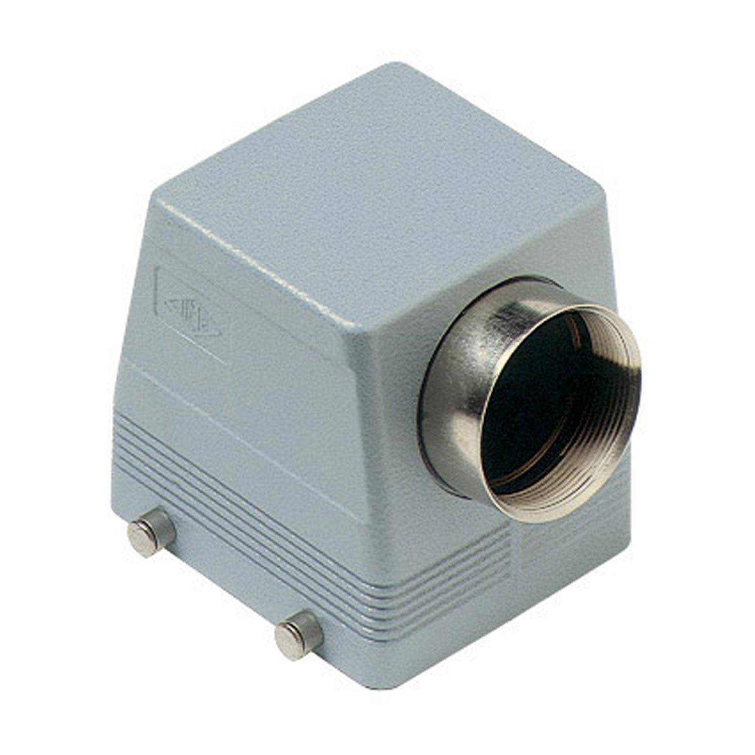 Ein graues Industriesteckgehäuse mit einer metallischen kreisförmigen Öffnung, das für sichere Verbindungen von Elektrokomponenten verwendet wird.