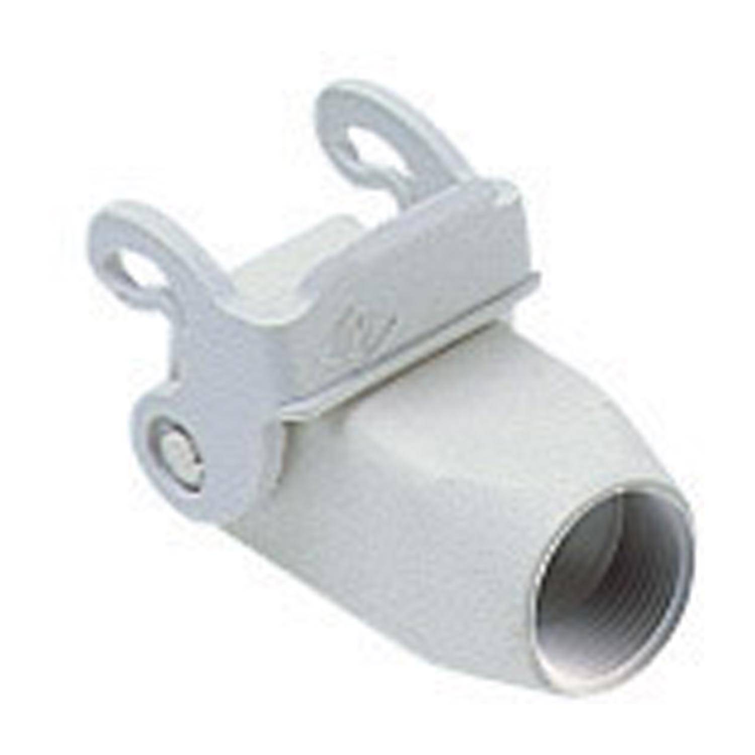 Eine weiße zylindrische Rohrverschraubung mit einer Klappverriegelung und Schlaufengrriffen an beiden Seiten, entwickelt für sichere Befestigung in industriellen Umgebungen.