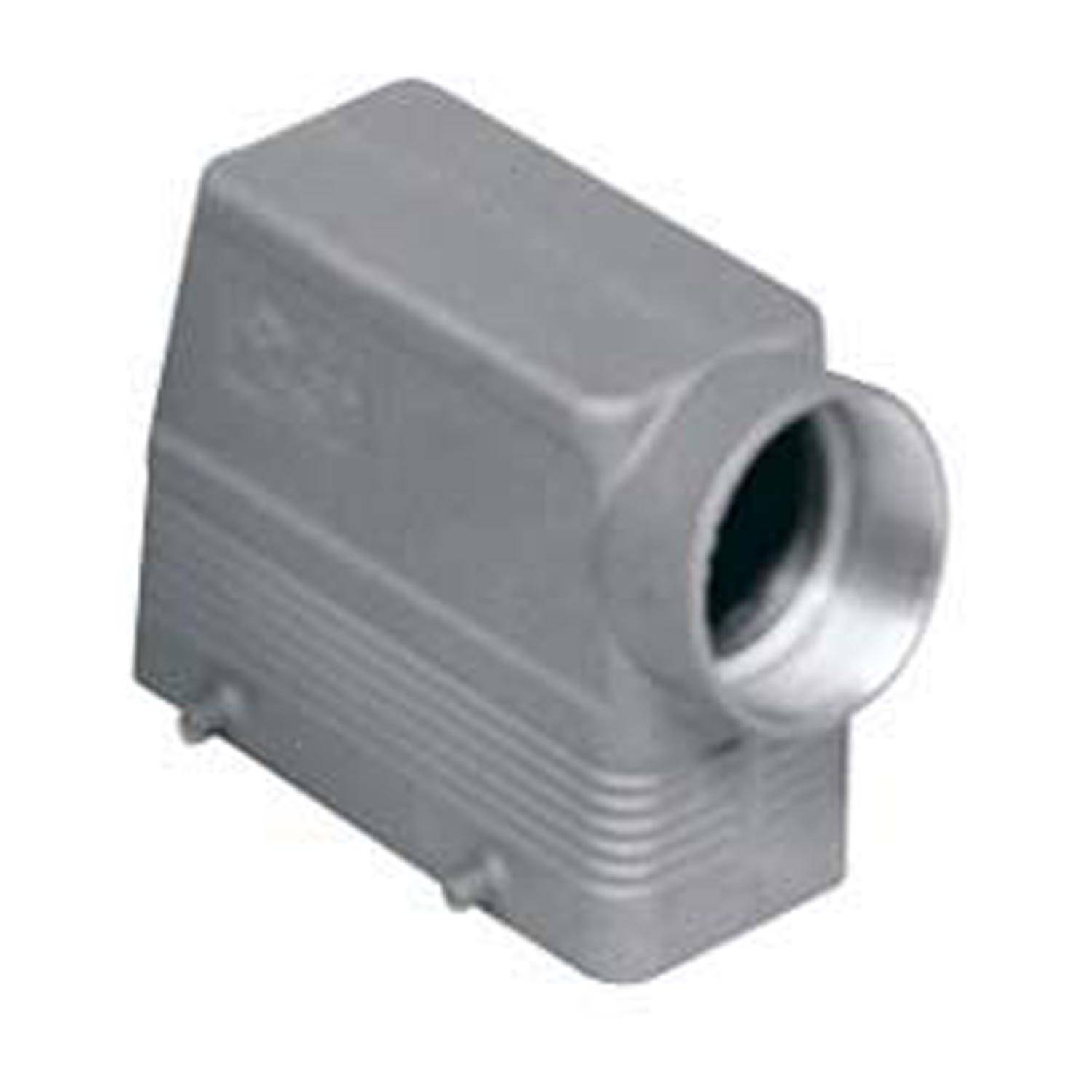 Ein rechteckiges metallisches Verbindungsgehäuse mit einer seitlichen zylindrischen Öffnung, das für industrielle oder robuste Elektroverbindungen konzipiert ist.