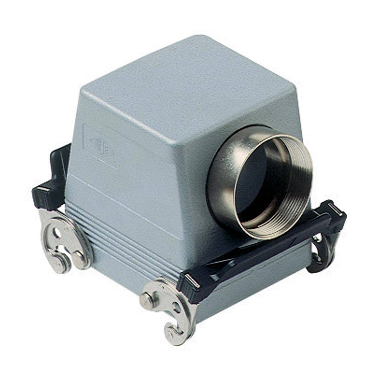 Ein graues rechteckiges Gehäuse für einen Industrie-Stecker mit einer kreisförmigen Metallöffnung und Verriegelungshebeln auf jeder Seite, das für elektrische Verbindungen verwendet wird.