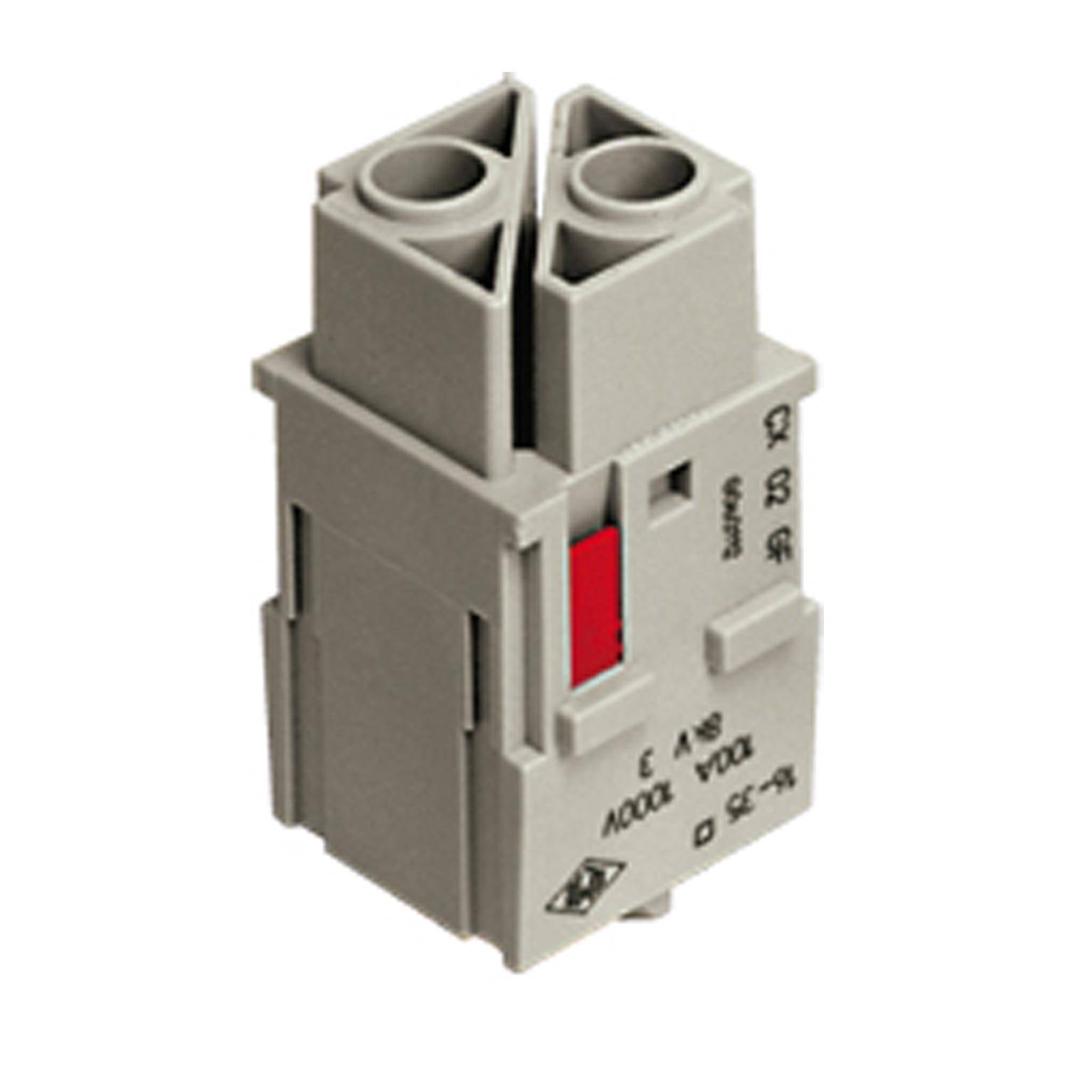 Ein modularer Elektroschutzschalter mit einem roten Schalter und verschiedenen Markierungen oder Symbolen, die seine Spezifikationen und Einstellungen angeben.