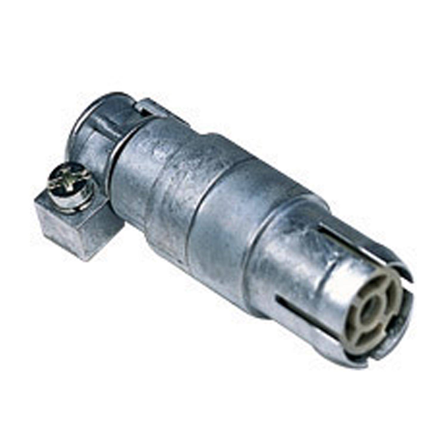 Ein zylindrischer Silbermetall-Elektrostecker mit mehreren Stiften an einem Ende, wird zum sicheren Befestigen von Kabeln oder Drähten verwendet.