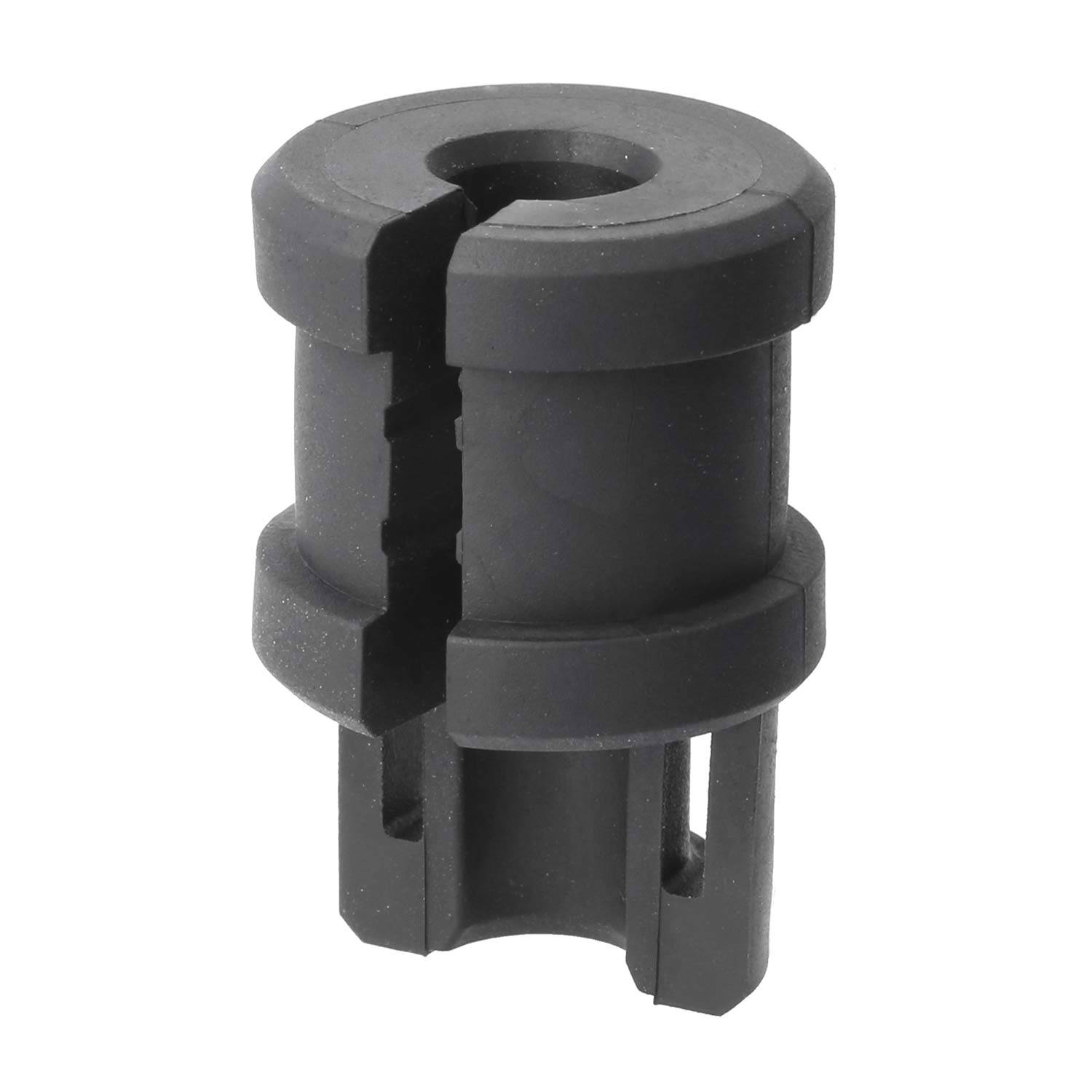 Eine zylindrische, schwarze Kunststoffkomponente mit einem hohlen Zentrum und vertikalen Schlitzen, die häufig als Abstandshalter oder Buchse in mechanischen Baugruppen verwendet wird.