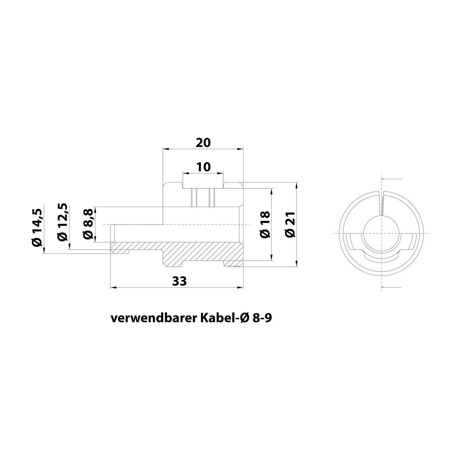 Eine technische Zeichnung einer Kabelkomponente mit detaillierten Maßangaben: 33 Länge, Kabeldurchmesser 8-9 und verschiedene beschriftete Durchmesser.