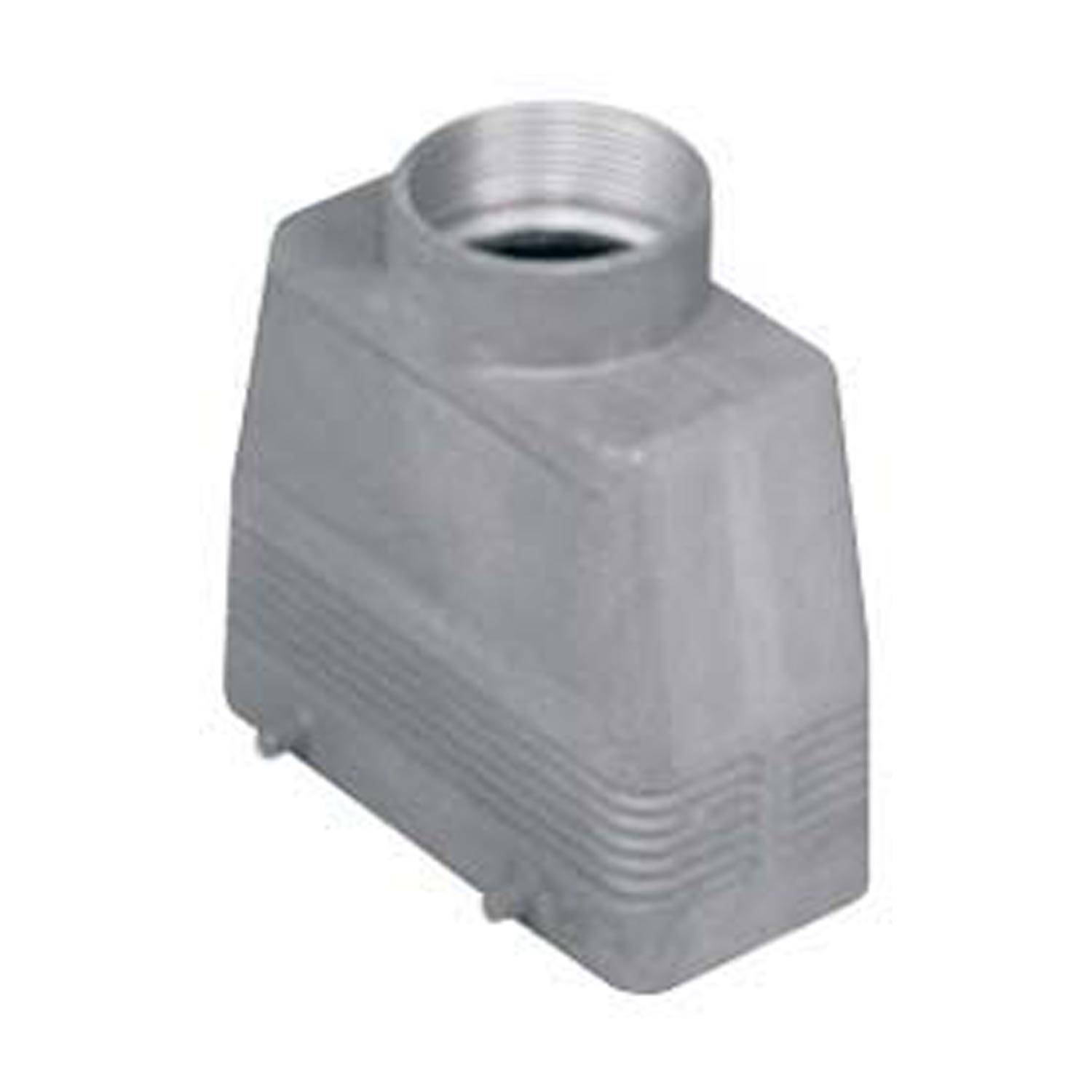 Graue Kunststoff-Industriesteckverbinderhaubе mit Gewinde an der Oberseite, gerippten Seitenflächen und rechteckiger Basis zum Befestigen von Steckverbindungen.