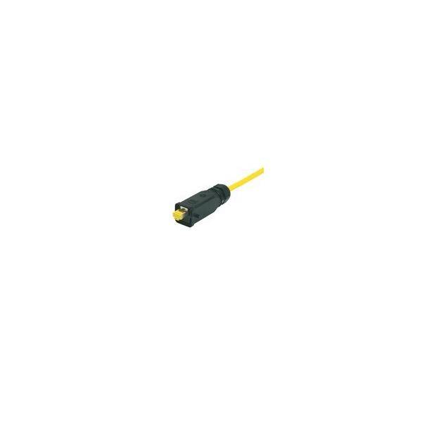 Schwarzer Glasfaserverbinder an einem gelben Kabel auf weißem Hintergrund.