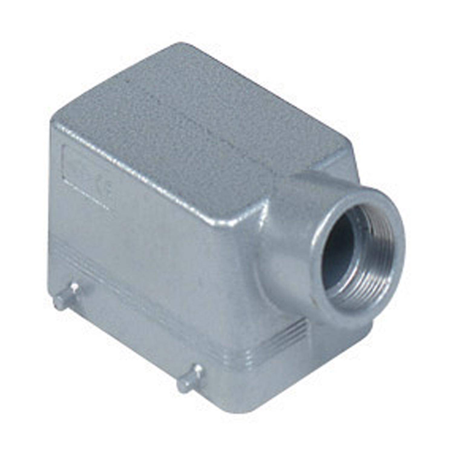 Ein rechteckiges Metallgehäuse für elektrische Steckverbinder mit einer Gewindebohrung auf einer Seite, das für sichere Befestigung in industriellen Umgebungen konzipiert ist.