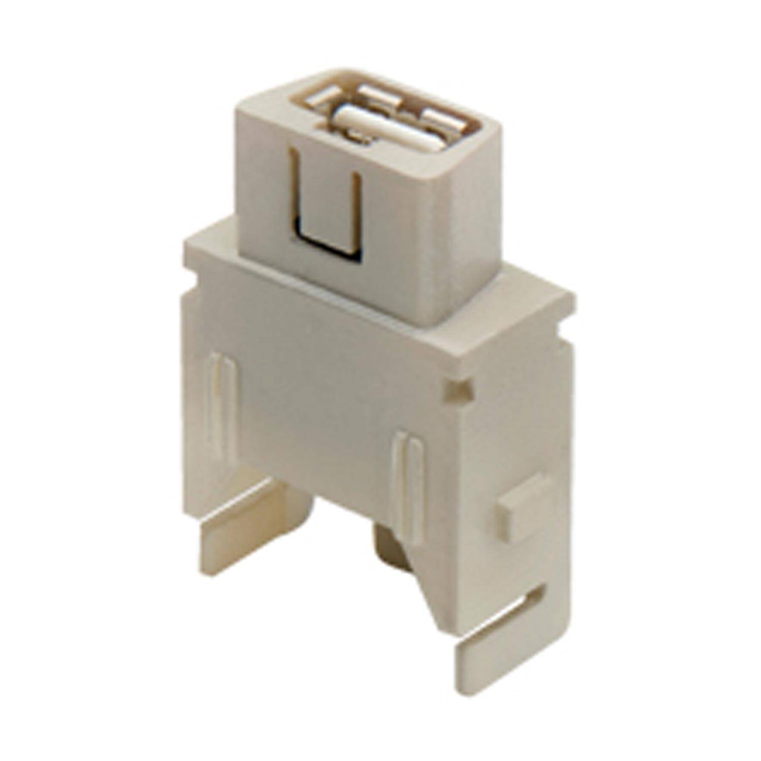 Ein weißer Kunststoff-Elektrostecker mit zwei Schlitzen, verwendet zum Verbinden von Drähten in elektronischen Geräten, isoliert auf weißem Hintergrund.