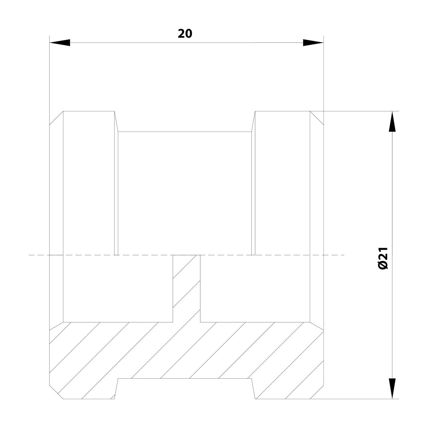 Technische Zeichnung einer zylindrischen Komponente mit markierten Abmessungen: Breite oben 20 Einheiten, Höhe 21 Einheiten und Schnittansicht an der Basis.
