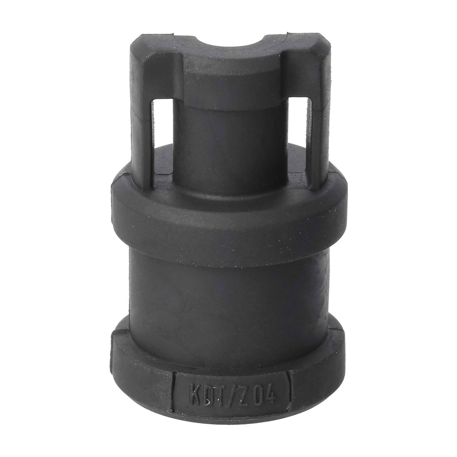 Eine schwarze zylindrische mechanische Komponente mit einer gerillten Struktur und der Gravur 'KB17204' an der Basis.