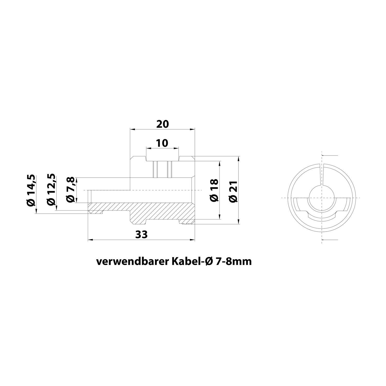 Querschnittsdiagramm einer Kabelverschraubung mit Maßangaben: obere Höhe 20mm, Durchmesserbereich 7-21mm. Hinweis: 'verwendbarer Kabel-Ø 7-8mm'.