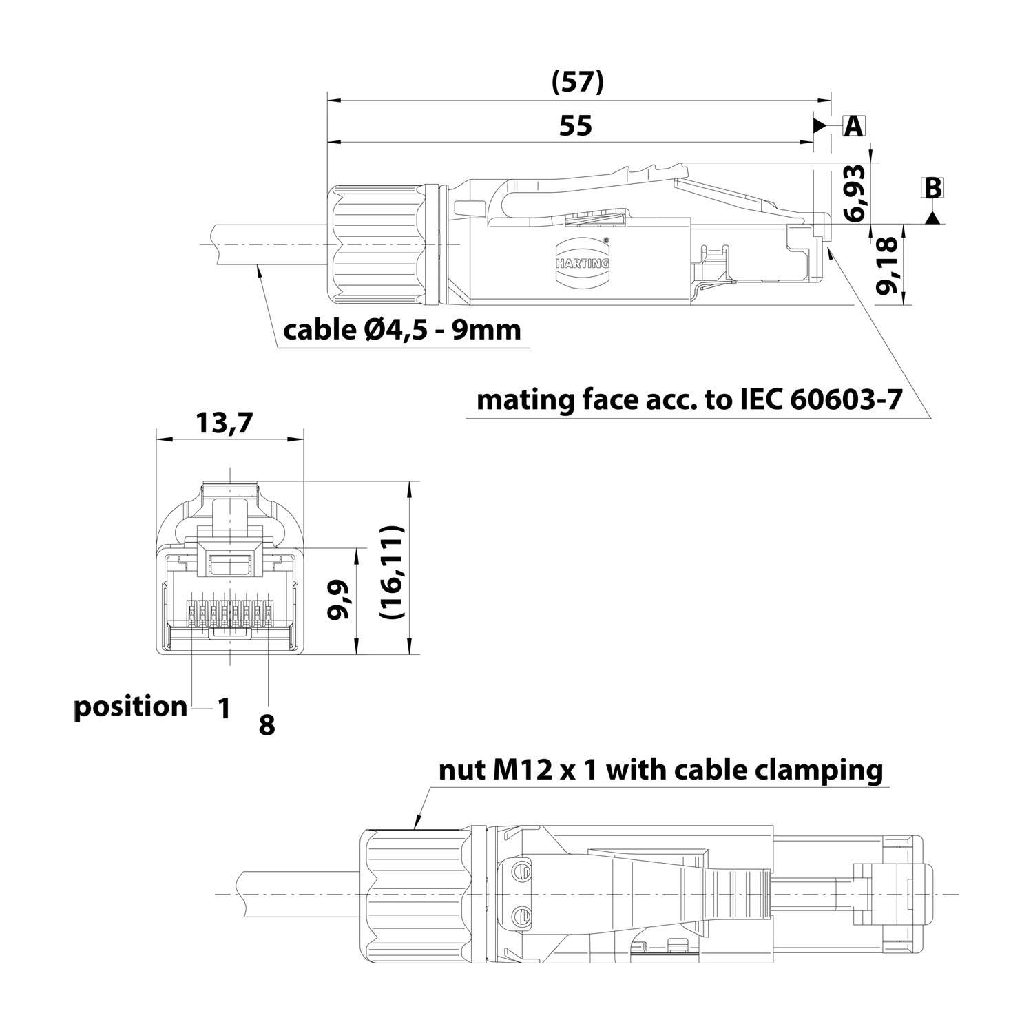 09451511560 HARTING RJ45 Industrial Steckverbinder-Set Stift gerade, 8-polig, Schneidklemmanschluss (IDC-Kontakte)