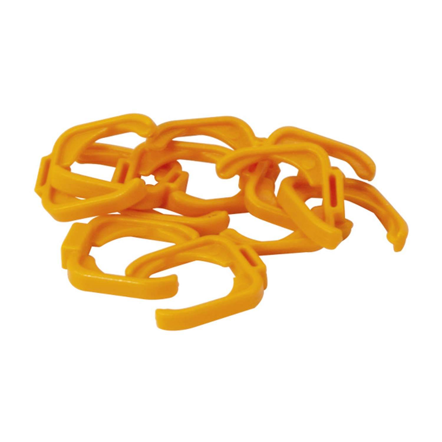 Eine Ansammlung von gelben Plastikkettenglieder, ineinander verkettet, möglicherweise zum Verbinden oder Befestigen verwendet, auf einem weißen Hintergrund.