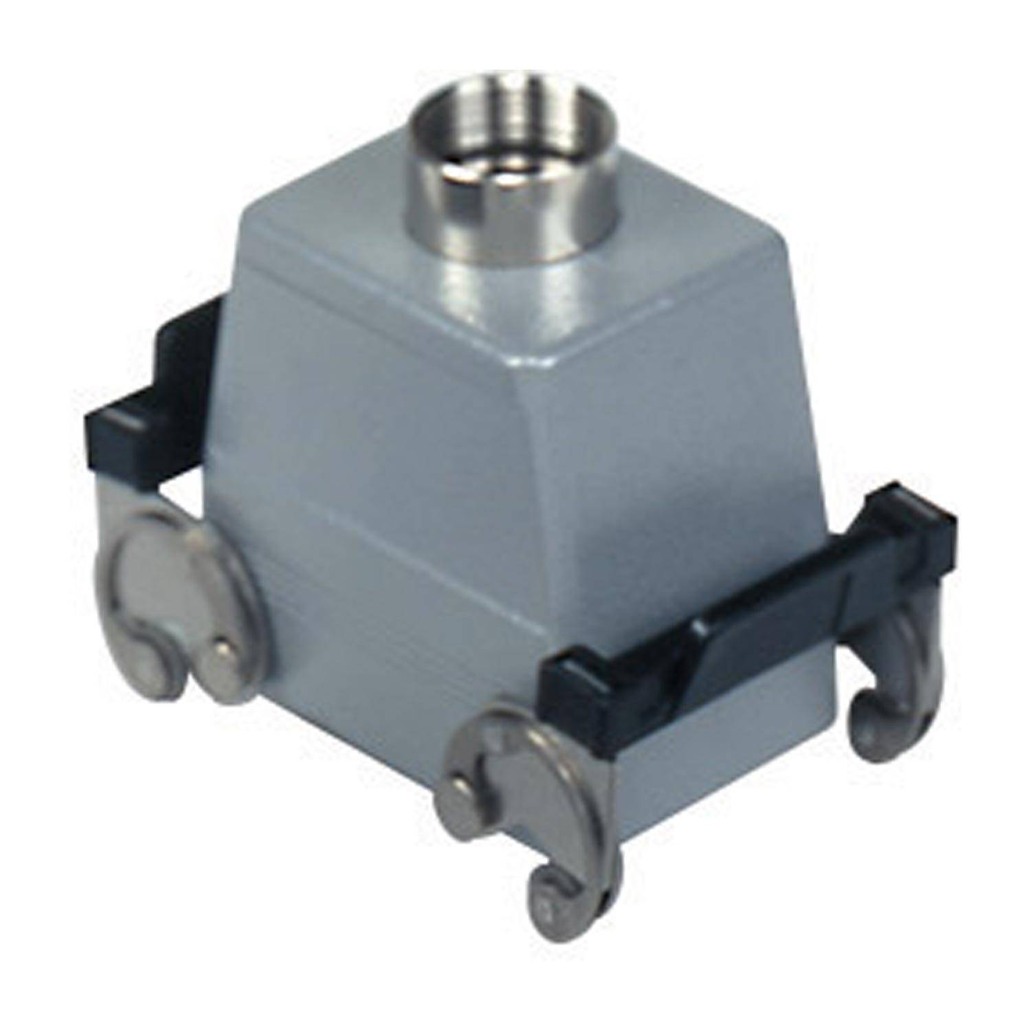 Ein graues Elektroverbinder-Gehäuse mit metallischer oberer Öffnung und seitlichen Verschlüssen zur sicheren Befestigung.