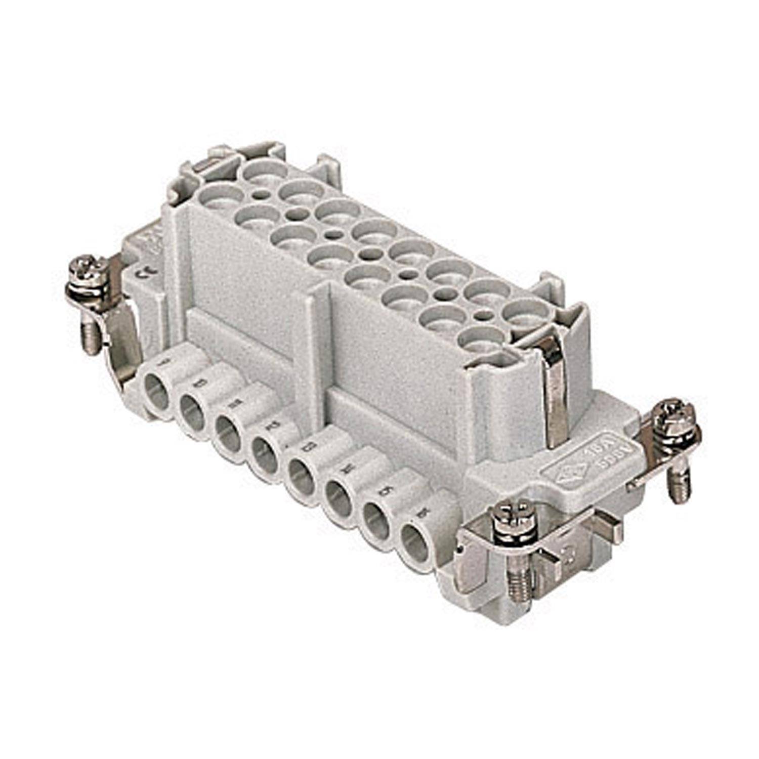 Ein grauer mehrpoliger Elektroverbindungsblock mit mehreren Steckplätzen und zwei Metallklemmen auf beiden Seiten, verwendet zum sicheren Verbinden von Drähten.