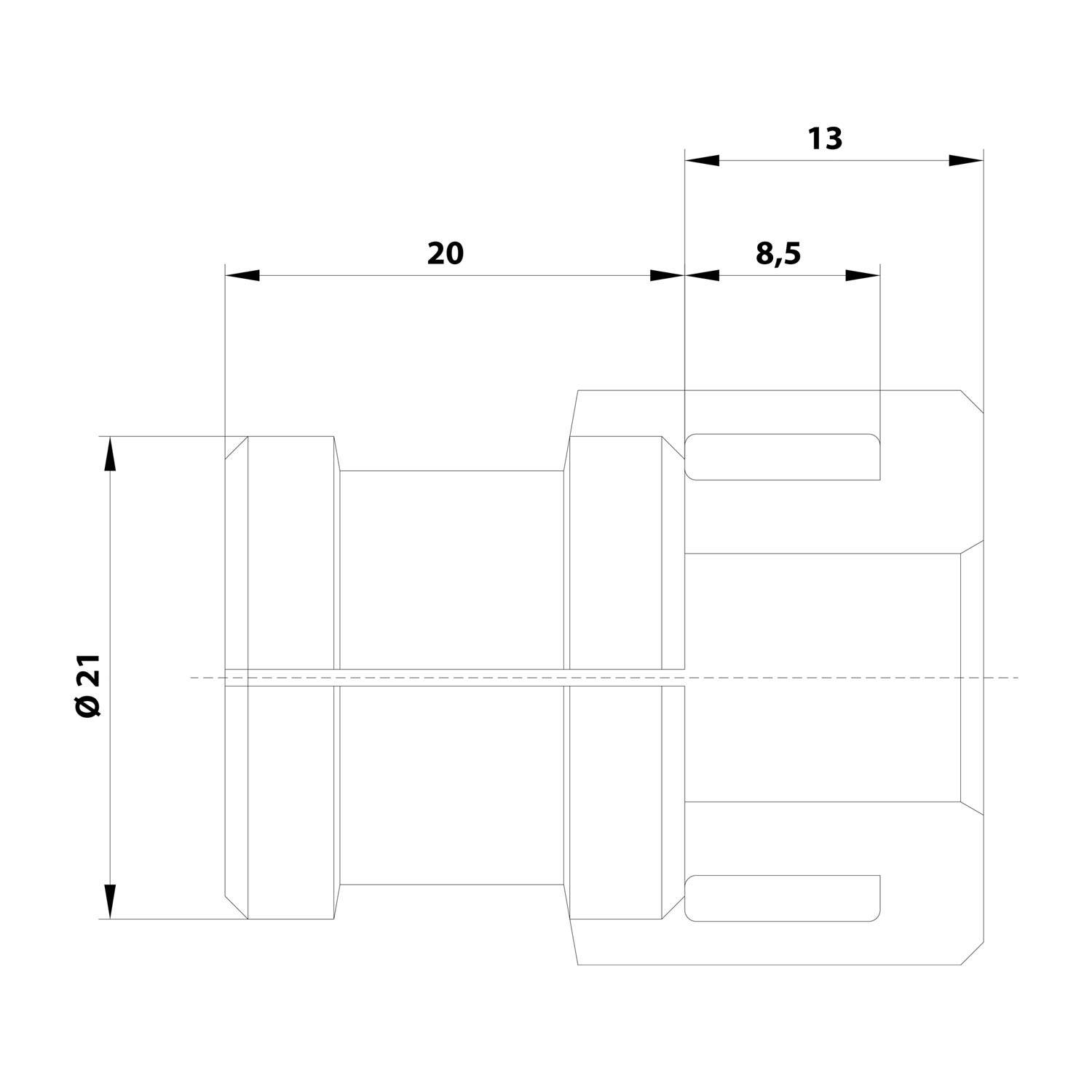 Technische Zeichnung eines zylindrischen Bauteils mit drei Abschnitten. Abmessungen angegeben: Durchmesser 21 mm, Abschnittslängen 20 mm, 8,5 mm, 13 mm.