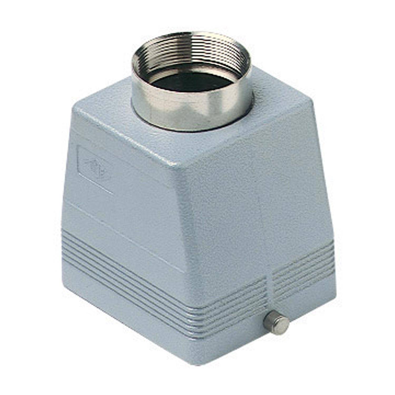 Eine graue, quadratische industrielle Anschlusshaube aus Metall mit einem verschraubbaren Oberteil für Kabelverbindungen.