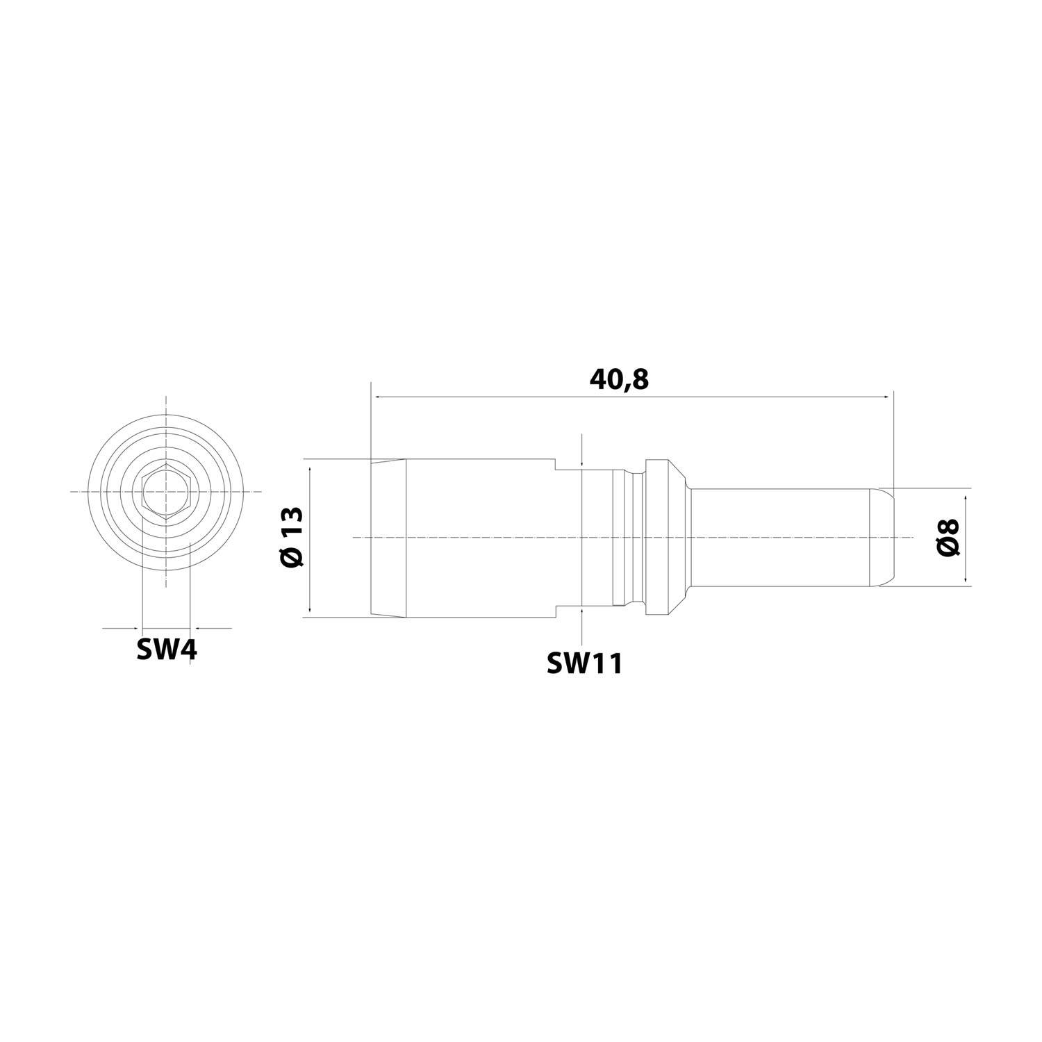 Technische Zeichnung eines zylindrischen Bauteils mit zwei Ansichten. Durchmesser in der Vorderansicht beträgt 13 mm und die Länge in der Seitenansicht 40,8 mm mit gekennzeichneten Durchmessern.