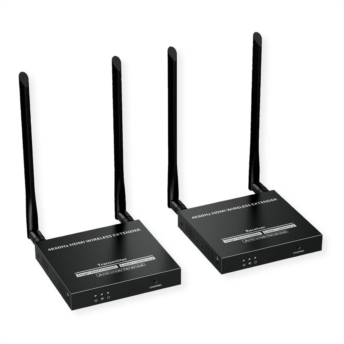 Zwei schwarze 4K HDMI kabellose Verlängerungsboxen mit Antennen, mit den Beschriftungen Sender und Empfänger, nebeneinander auf weißem Hintergrund dargestellt.