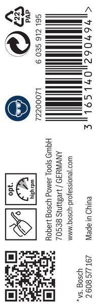 Bosch Power Tools GmbH, Stuttgart / DEUTSCHLAND' wird vertikal geschrieben. Ein Messgeräte-Symbol zeigt 'opt. hohe U/min'. Ein Barcode und Zahlen sind vorhanden.